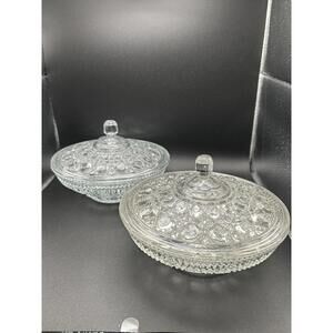 Vintage Pair Of Federal Glass, Clear Windsor Cane & Button Candy Dish w/ Lid
